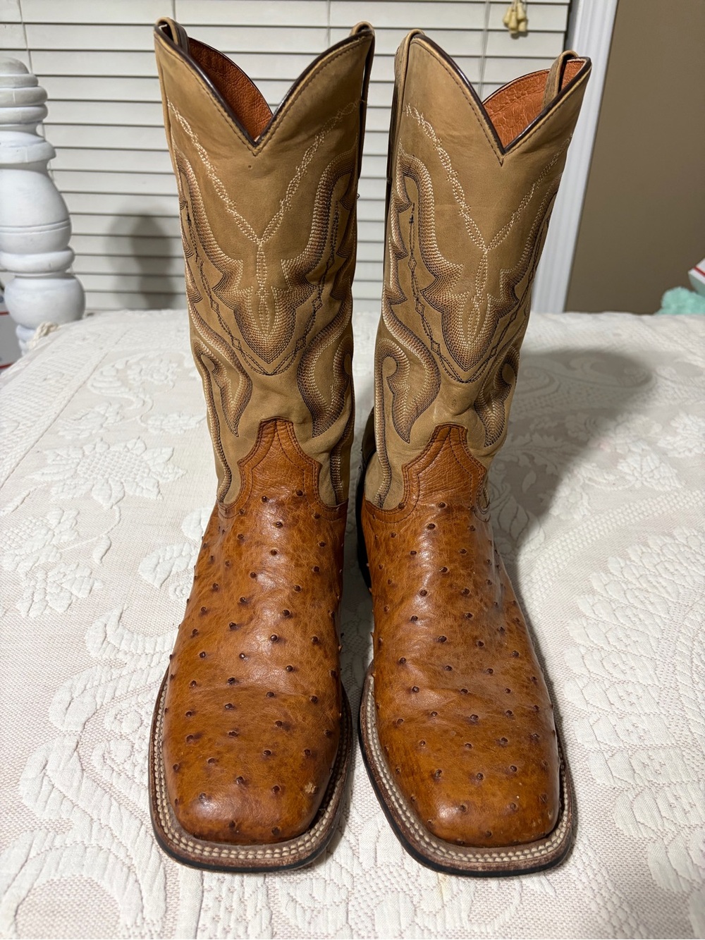 Dan Post Two-Tone Tan full quill Ostrich Toe Western Boots leather quiet luxury